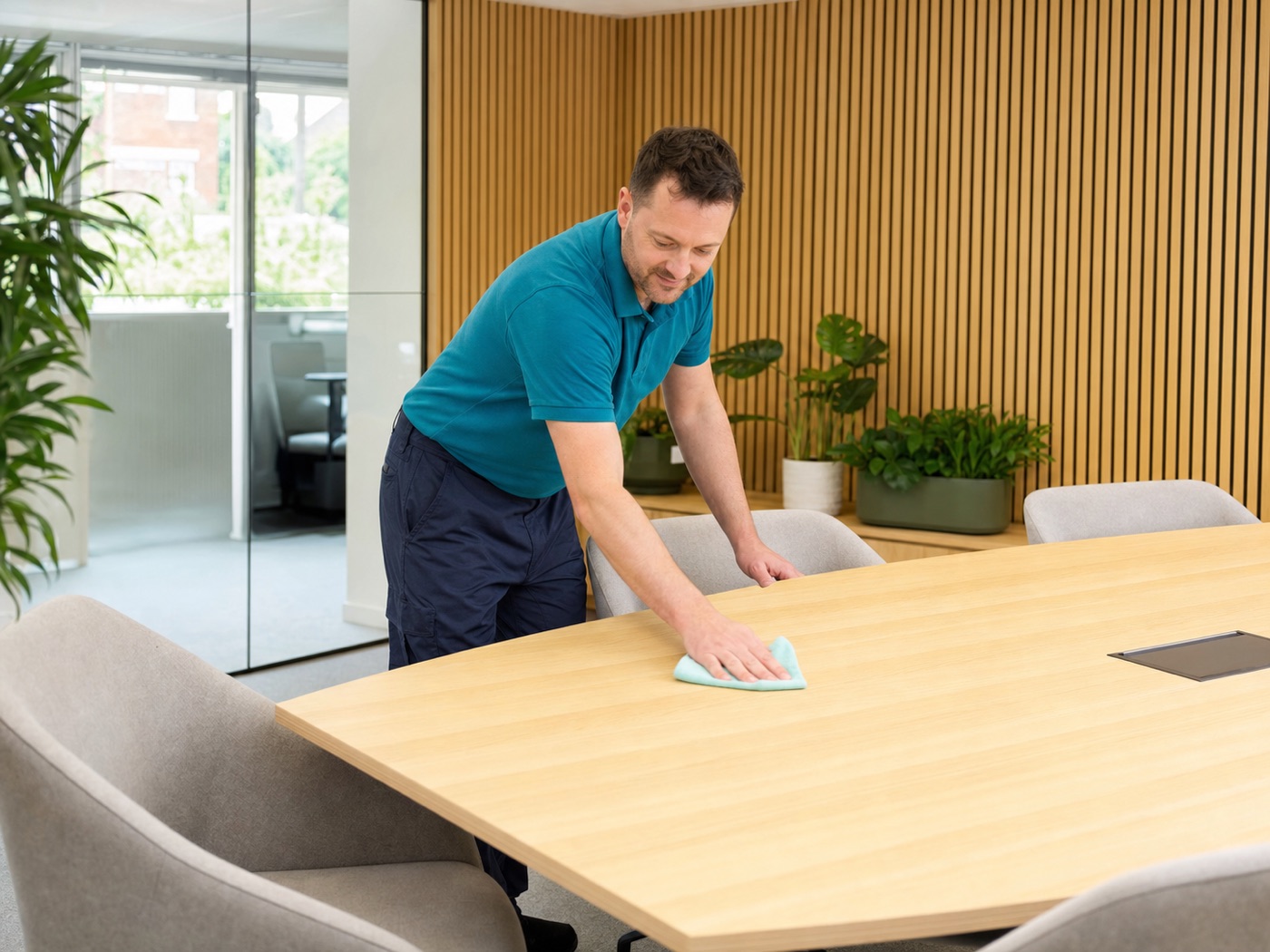 Professional cleaner wiping a light wooden meeting-room table