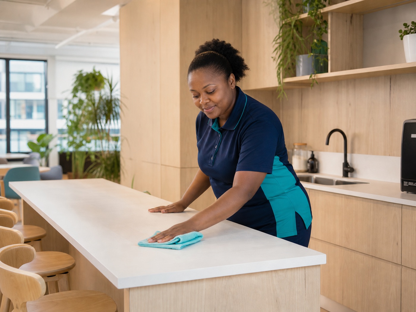 Professional cleaner wiping a light wooden office kitchen
