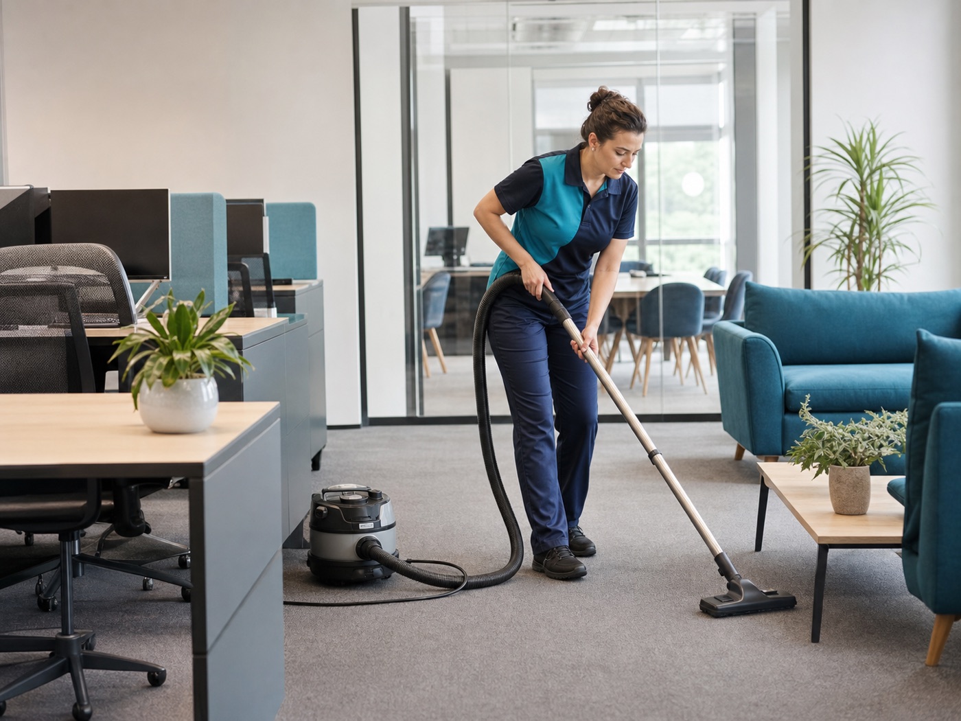 Professional cleaner vacuuming a shared office workspace