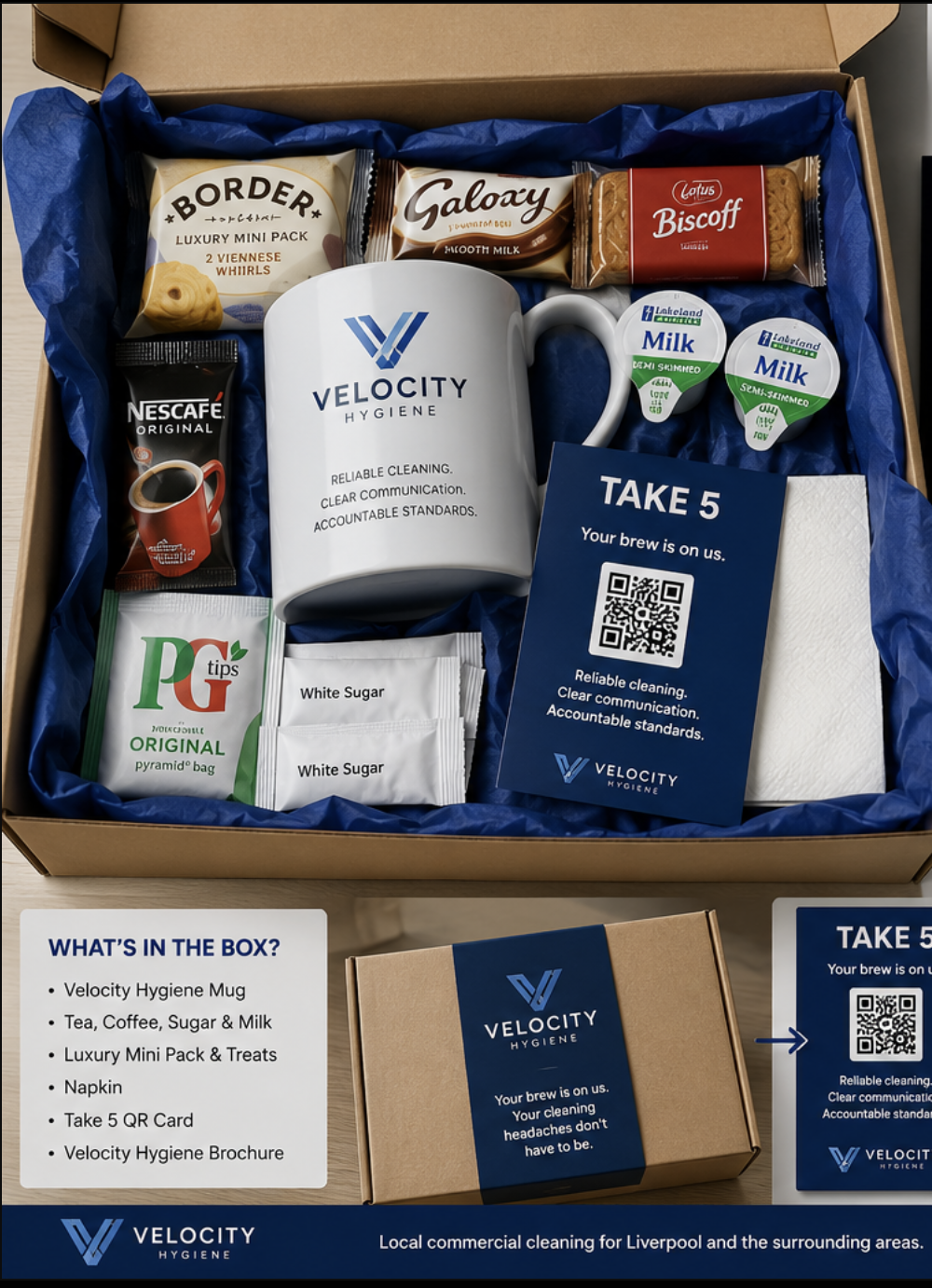 A Velocity Hygiene Take Five brew gift box with mug, tea, coffee, treats, milk and QR card